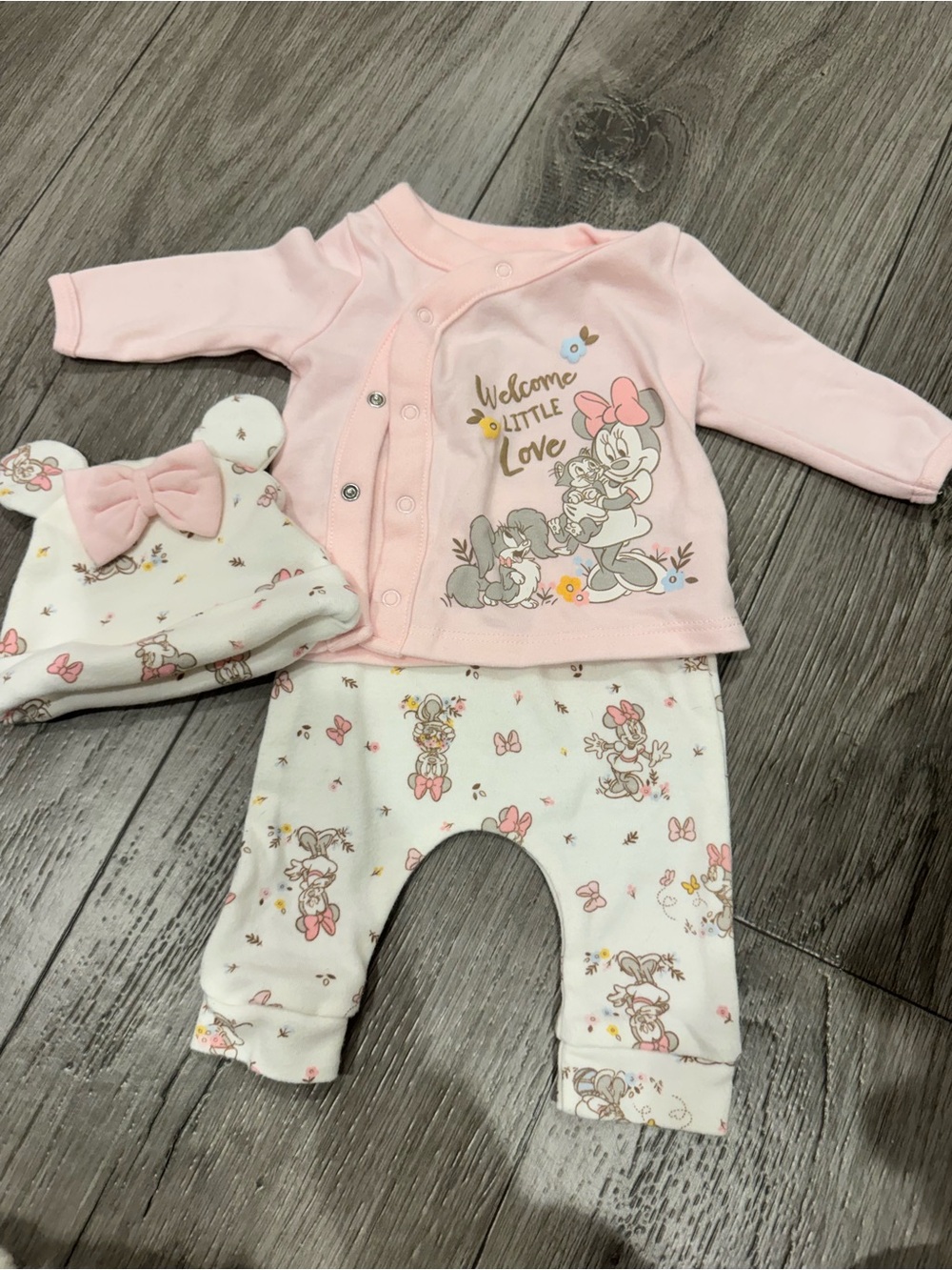 Welcome Little Love Pink Minnie Mouse Baby One-Piece Set Newborn